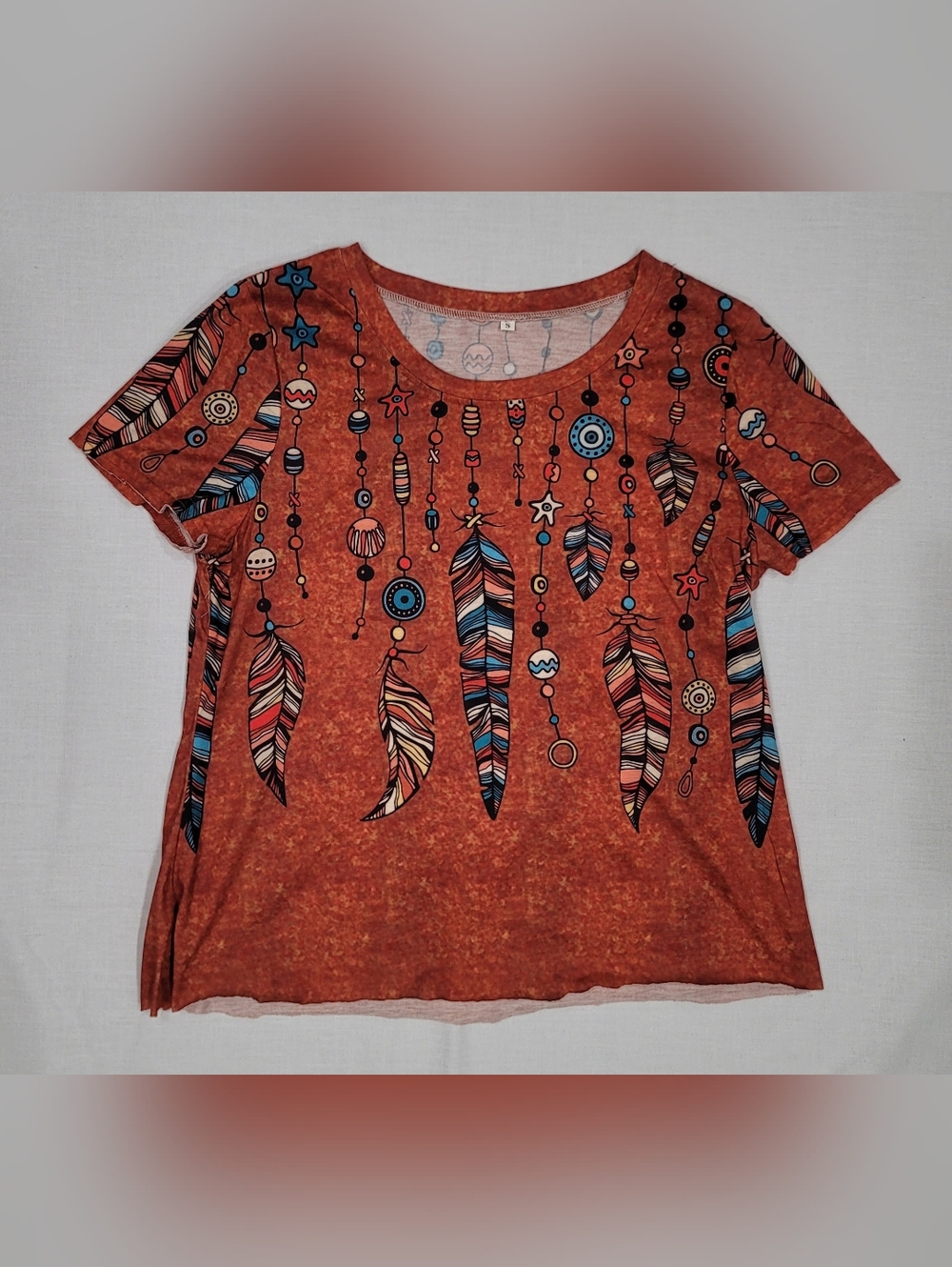 Rust Feather-Print Short Sleeve Tee by